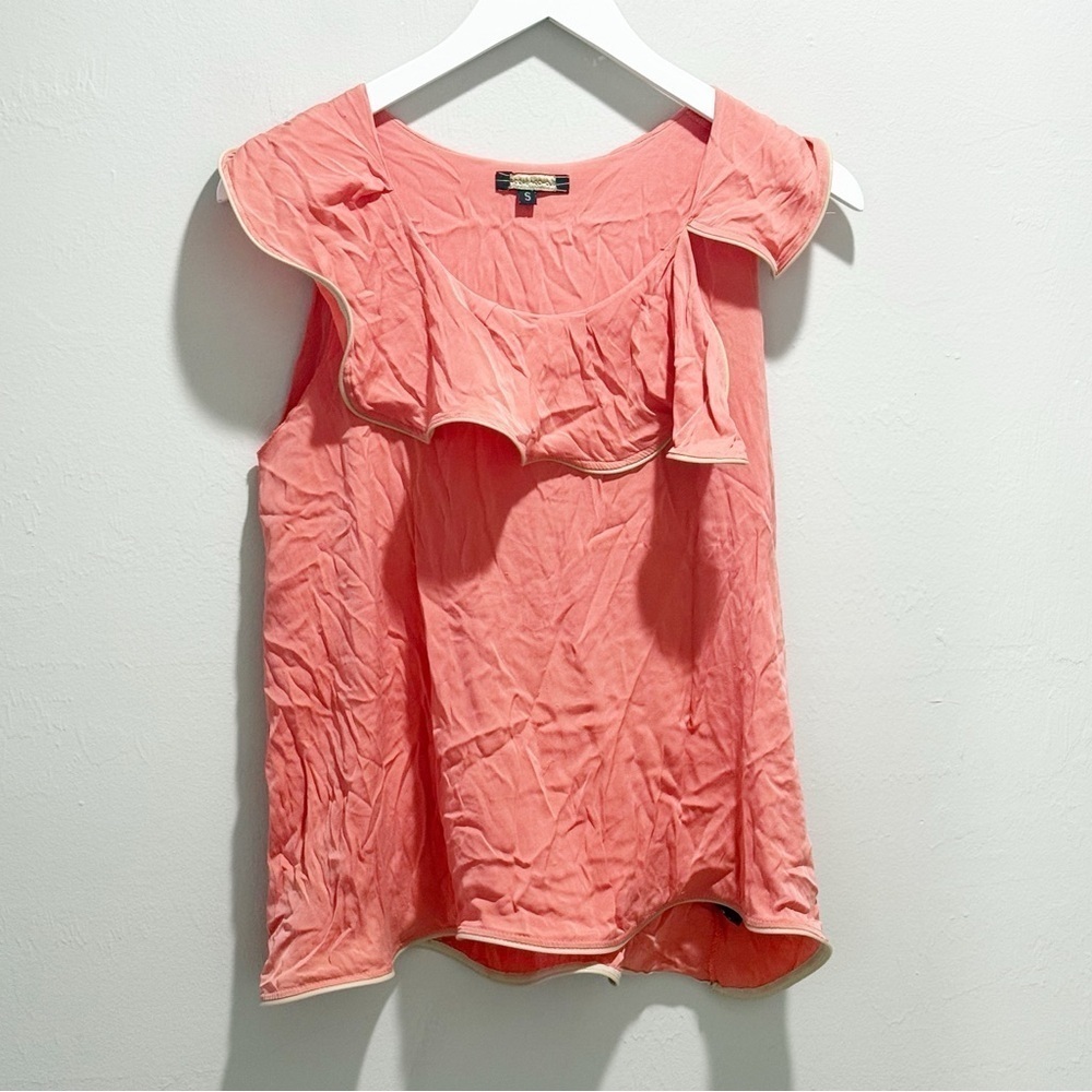 ROZAE NICHOLS Women’s Orange Peach Faux Leather Trim Ruffle Stretch Silk Top S